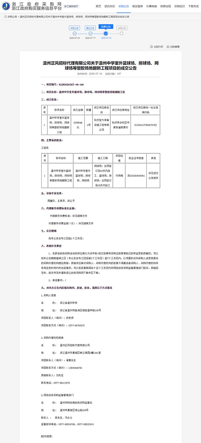 關(guān)于溫州中學(xué)室外籃球場(chǎng)、排球場(chǎng)、網(wǎng)球場(chǎng)等塑膠場(chǎng)地翻新工程項(xiàng)目的成交公告